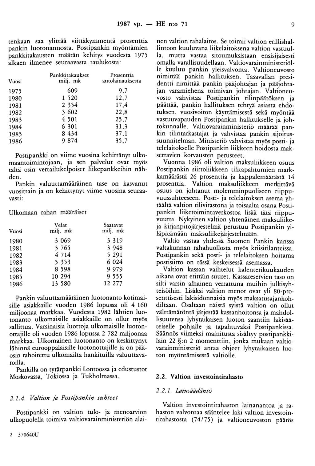1987 vp. - HE n:o 71 9 tenkaan saa ylittää viittäkymmentä prosenttia pankin luotonannosta.