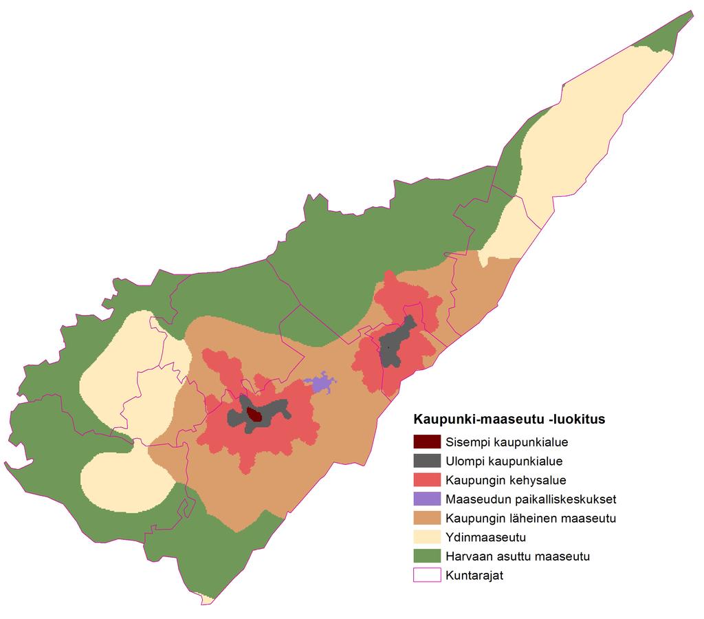 Väestönmuutokset kaupunki-maaseutu -luokituksen mukaisella aluejaolla Etelä-Karjalassa Kaupunki-maaseutu -luokitus Kaupunki-maaseutu -luokitus on paikkatietopohjainen luokitus, jossa Suomen alueet