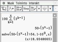 Tehtävä 8. Merkitään talletusten lukumäärää x (kokonaisluku). Talletukset muodostavat geometrisen jonon, joten talletusten summa saadaan laskettua muuttujan x funktiona.