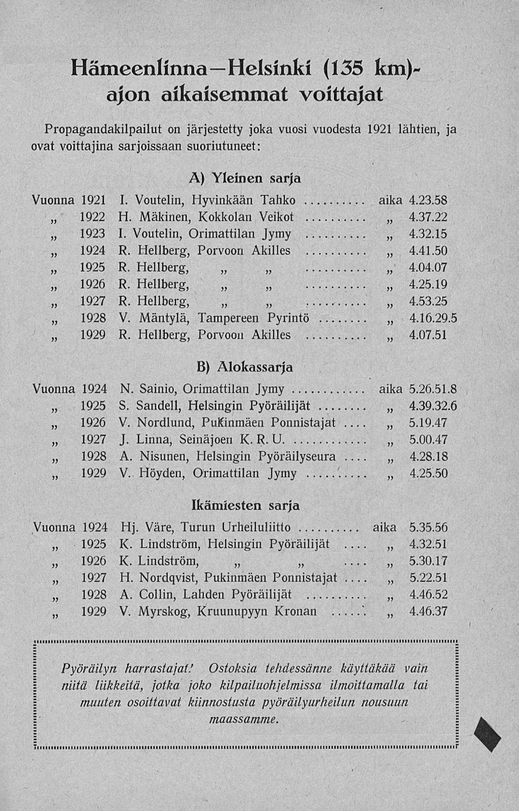 ... Hämeenlinna Helsinki (135 km)~ ajon aikaisemmat voittajat Propagandakilpailut on järjestetty joka vuosi vuodesta 1921 lähtien, ja ovat voittajina sarjoissaan suoriutuneet: A) Yleinen sarja 4.37.