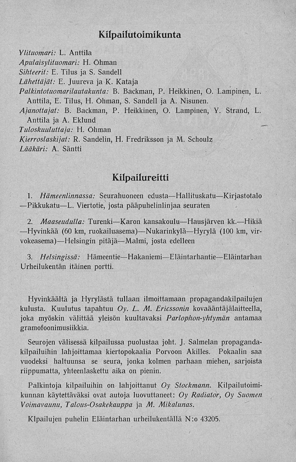 Ylituomari: L. Anttila Kilpailutoimikunta Apulaisylituomari: H. Öhman Sihteerit: E. Tilus ja S. Sandell Lähettäjät: E. Juureva ja K. Kataja Palkintotuomarilautakunta: B. Backman, P. Heikkinen, O.