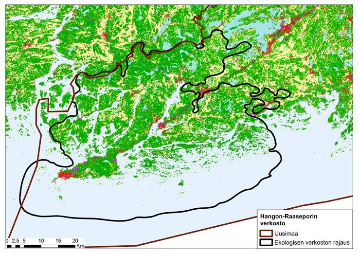Kuva 4. Hangon-Raaseporin laajan ekologisen verkoston rajaus. Taustakartta: Corine Land Cover (2012).