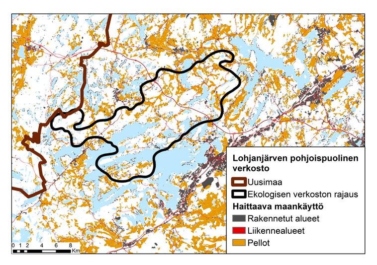 Lohjanjärven pohjoispuoliseen verkostoon sisältyy jonkin verran kytkeytyvyyttä heikentäviä peltoja erityisesti alueen pohjoisosissa (Kuva 11).