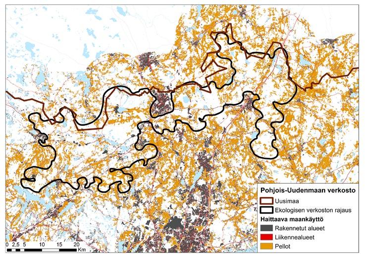 Kuva 19 näyttää Pohjois-Uudenmaan laajaan ekologiseen verkostoon kuuluvan maankäytön, joka haittaa verkoston sisäistä kytkeytyvyyttä.