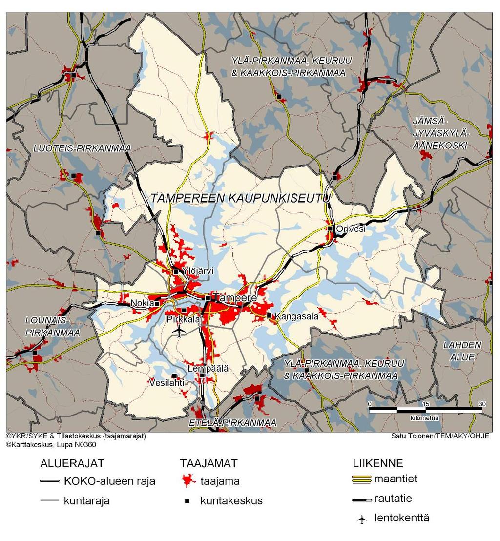 SEUTUKORTTI TAMPEREEN KAUPUNKISEUTU Kangasala, Lempäälä, Nokia, Orivesi, Pirkkala, Tampere, Vesilahti, Ylöjärvi (352 000 as.