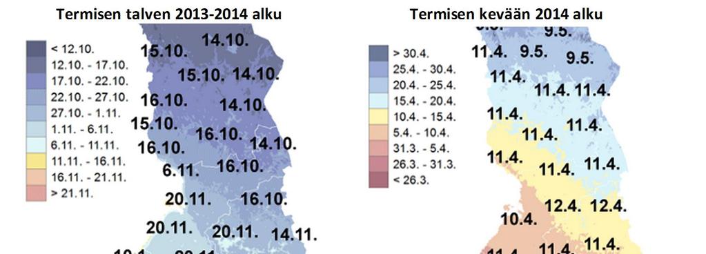 Taulukko 3 Vuodenaikojen keskimääräiset alkamis ja päättymispäivät alueittain hydrologisena vuonna 2014 (alueiden sijainti karttaliitteessä 1) 17 Alueet: H, I, J, K, D F Vuodenaika Kuukaudet