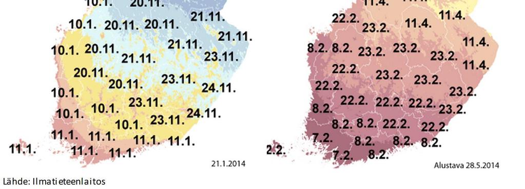 11. - 26.11.2013 43-46 (2013) 64 18.9. - 31.10.2014 37-43 (2014) Alueet: A, B, C, G ja E Vuodenaika Kuukaudet Päivämäärät Viikot Jakson pituus Talvi marras - helmikuu 10.1.2014-1 - 5 29 7.2.2014 Kevät helmi - huhtikuu 8.