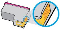 4. Puhdista kasetin ja tulostimen kontaktipinnat. a. Pidä kiinni mustekasetin sivuista niin, että sen pohja on ylöspäin, ja etsi kasetin sähköiset liitinpinnat.
