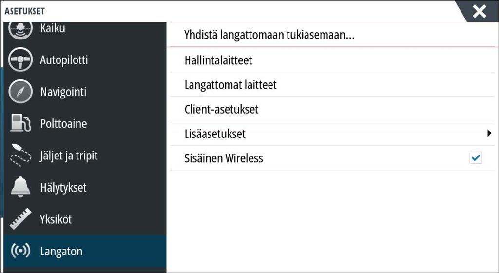 Langattomien toimintojen asetukset Tässä kohdassa määritetään langattomien toimintojen asetukset. Lisätietoja on NSO evo3 -asennusohjeessa.