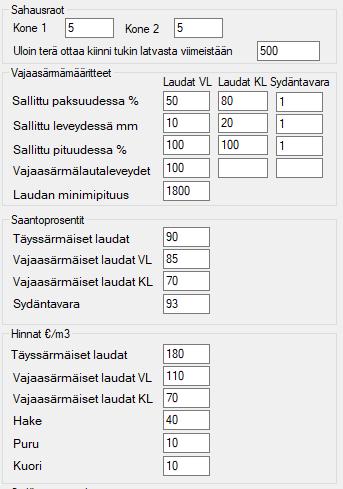 6 (12) 2.2.1 Sahausraot, vajaasärmämääritteet, saannot, tuotteiden hinnat sekä tuoremitat Laudoille on kolme laatua, täysisärmäinen (TS) sekä vajaasärmäiset VL ja KL.