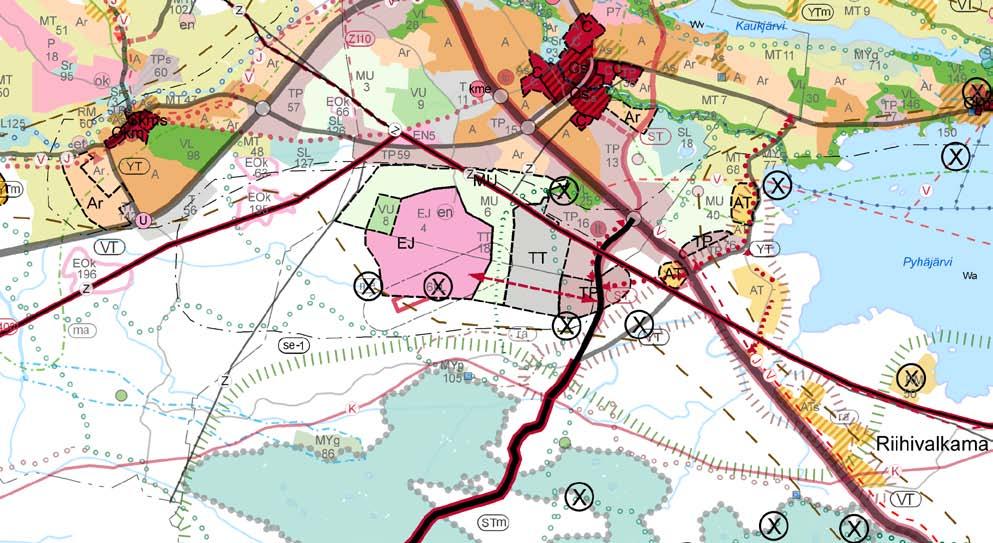 Forssan Kuhalanaukea Kaalikorpi osayleiskaava Vaihemaakuntakaavaluonnos huollon alue ( EJ), teollisuusaluetta (TT) ja työpaikka-aluetta (TP). Lentokenttävaraus on poistettu.