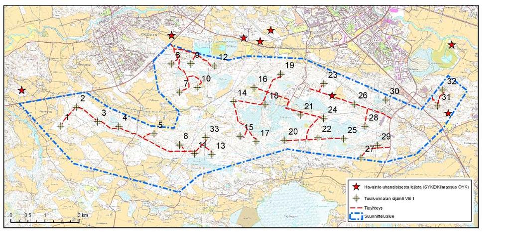 Forssan Fenestran alueen asemakaava J 33. Luonnosvaiheessa tutkitut voimalat. on 3114 hehtaaria, josta Natura2000-alueeseen (FI0344002) kuuluu 3093 hehtaaria.