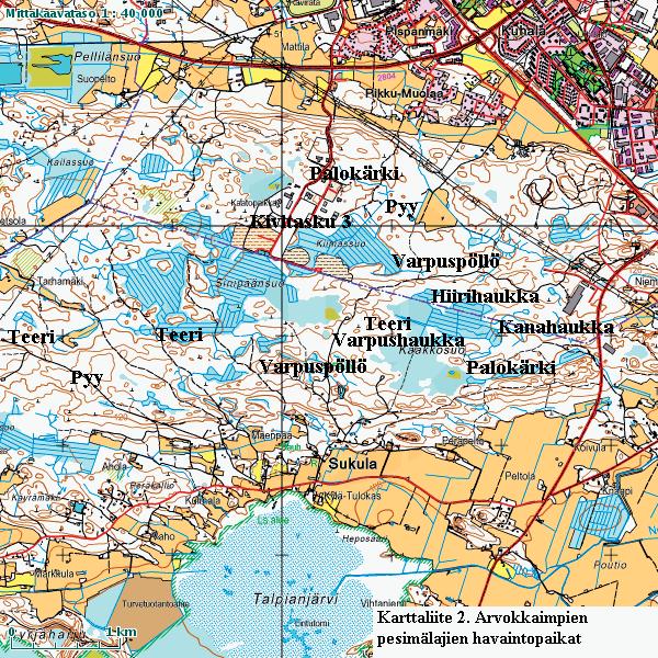 Sen sijaan silmälläpidettäviä ovat hankealueella pesivistä lajeista teeri, huuhkaja, kivitasku ja sirittäjä.