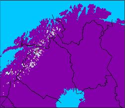 Fennoskandiassa Lämpötila-aineisto WorldClim-tietokannasta (hilakoko 2.