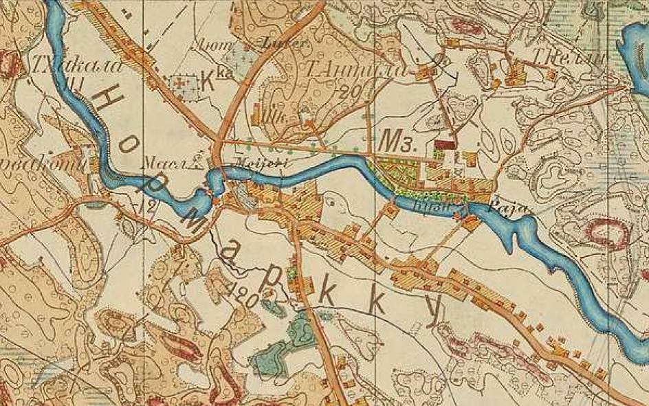 11 Noormarkku-Finpyyn aluetta venäläisessä topografikartassa vuodelta 1907. Ennen 1930-lukua purettu Juholan silta, joka yhdisti Finpyyn kylän ja Havulinnan. 3.4.