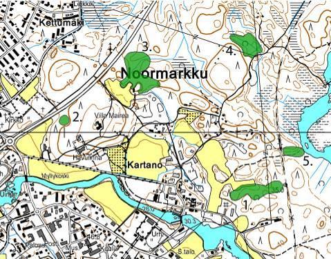 19 4.5.3. Arvokkaat luontokohteet Arvokkaat luontokohteet. Vihreä alue rajaa arvokkaita lehtoalueita. 1.