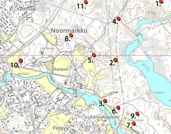 21 Analyysialueen muinaishistorialliset kohteet. Kohteet ovat merkitty punaisella pisteellä. 1.
