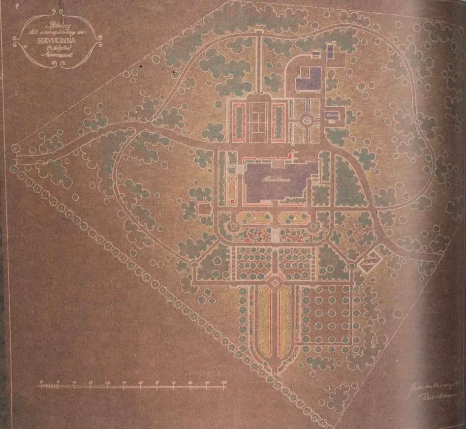 44 Havulinnan puutarhasuunnitelma vuodelta 1925. AAOy. Havulinnan edessä sijaitsee 1920-luvun puutarhatyyliä edustava mittava pergola.