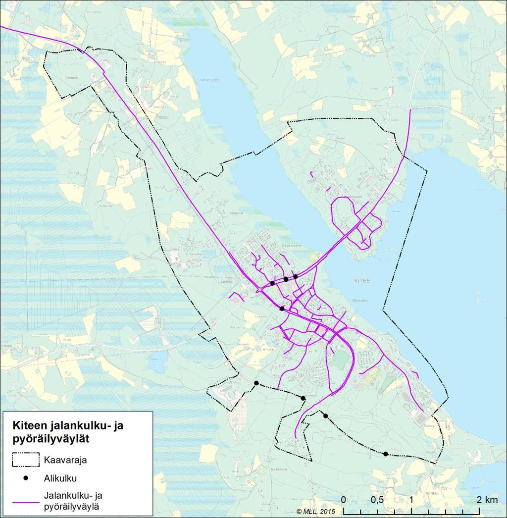 10 (24) 3.1.2017 Kiteen keskustaajaman liikenneselvitys Kiteen keskustan jalankulun ja pyöräilyn verkko on varsin kattava.