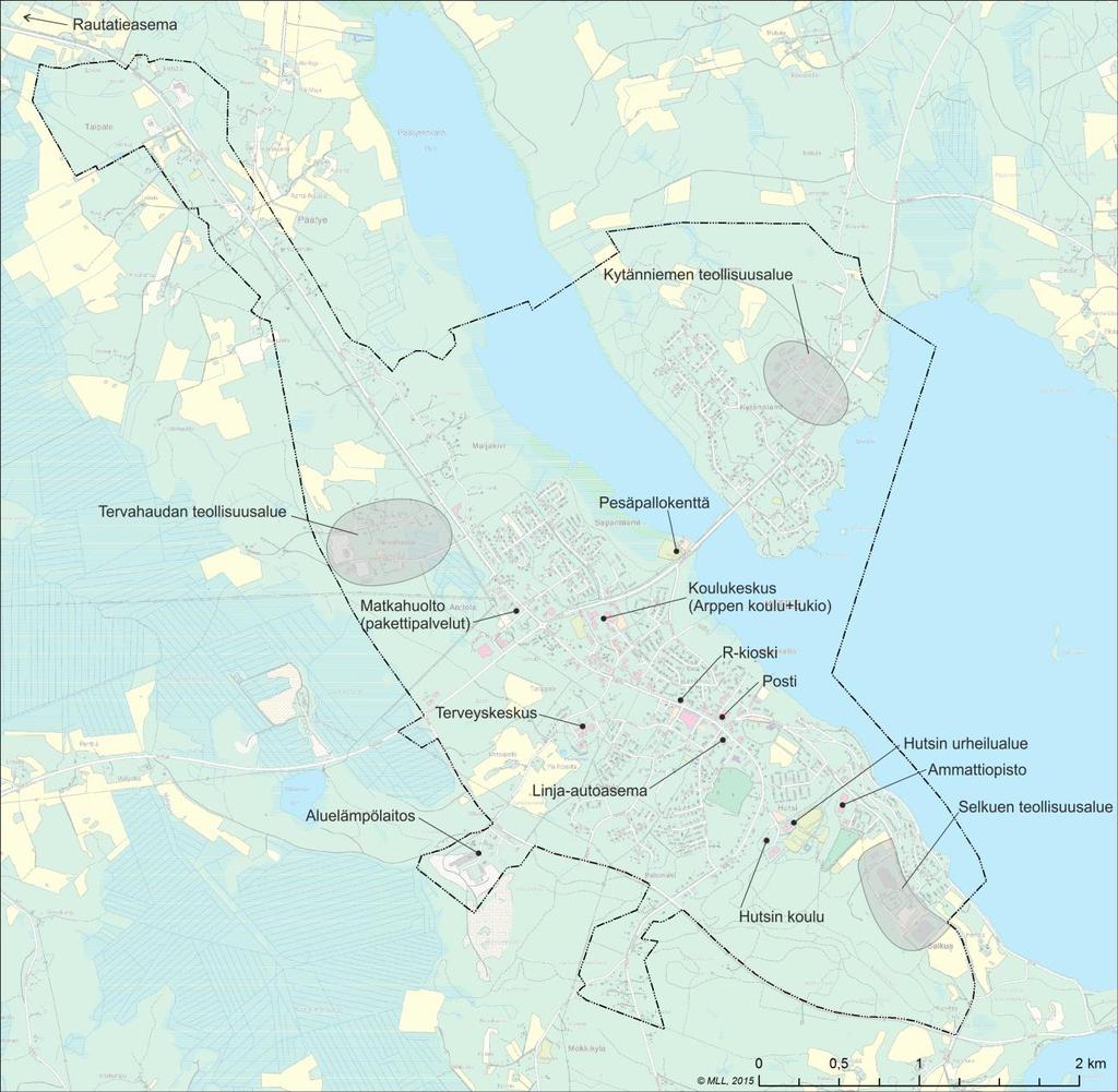 Kiteen keskustaajaman liikenneselvitys 3.1.2017 11 (24) Rautatieasemaan lukuun ottamatta kaikki palvelut sijaitsevat nykyisin tarkastelualueella (Kuva 5).