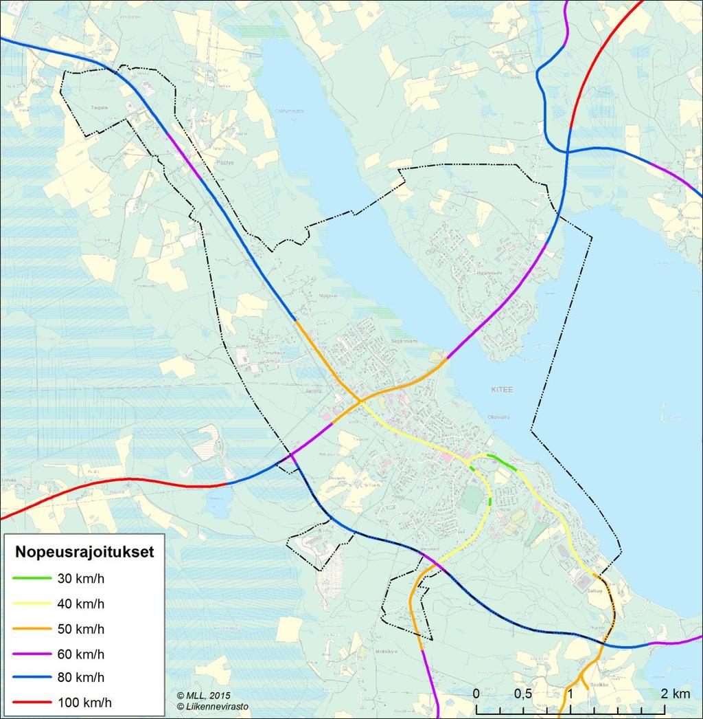 14 (24) 3.1.2017 Kiteen keskustaajaman liikenneselvitys Kuva 7. Kiteen keskusta-alueen maanteiden nopeusrajoitukset. 5.3.2 Liikenneonnettomuudet Kaava-alueella on tapahtunut vuosina 2011-2015 yhteensä 108 poliisin tietoon tullutta liikenneonnettomuutta.