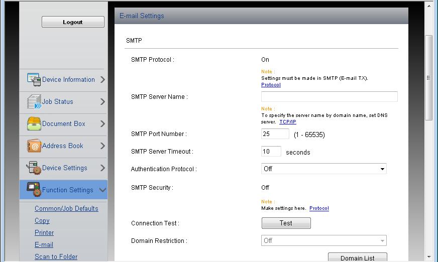 Aseta SMTP (E-mail TX) asetukseen [On] kohdassa Send Protocols.