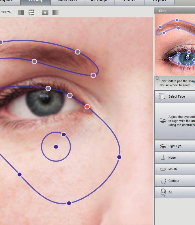 Merkitse sitten nenä (Nose 9 ), suu (Mouth 0), kasvojen ääriviivat (Contour ) ja valitse lopuksi All. Kasvojen osat on nyt kehystetty ja voit siirtyä välilehdelle Makeover (lue lisää alta).