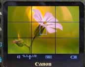 Näyttö kytketään toimimaan etsimenä live view -napilla ja suurennetaan kuvaa riittävästi. Canon Kytke näyttö etsimeksi.