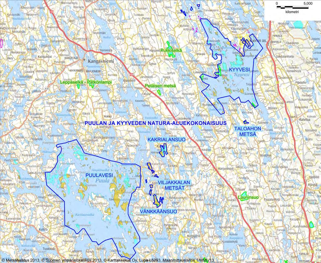 Kuva 1. Puulan ja Kyyveden Natura-aluekokonaisuuden sijainti ja rajaus. Suunnittelualue sijaitsee Etelä- Savon maakunnassa, Kangasniemen, Hirvensalmen ja Mikkelin kunnissa.