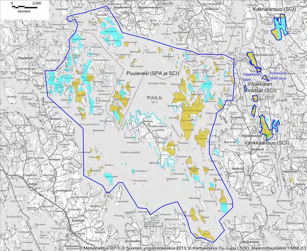 Kuva 2B. Puulan ja Kyyveden Natura-aluekokonaisuuden maankäytön kohdetyypit sekä yksityiset alueet: Puulavesi ja lähikohteet.