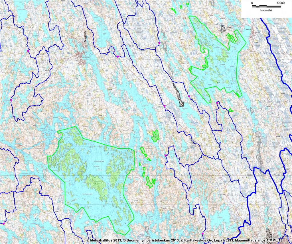 Kuva 5. Puulan ja Kyyveden Naturaaluekokonaisuuden vesistöt Suunnittelualueen vesistöjä ovat Kyyvesi ja Puulavesi, jotka kuuluvat Mäntyharjun reittiin ja ovat Kymijoen vesistöaluetta.