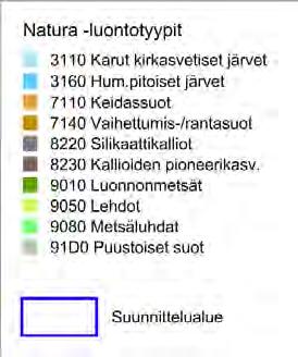 Kaikki kolme ovat priorisoituja eli ensisijaisen tärkeitä luontotyyppejä. Lisäksi alueella esiintyy pienialaisesti (> 2 ha) priorisoitua luontotyyppiä metsäluhdat.