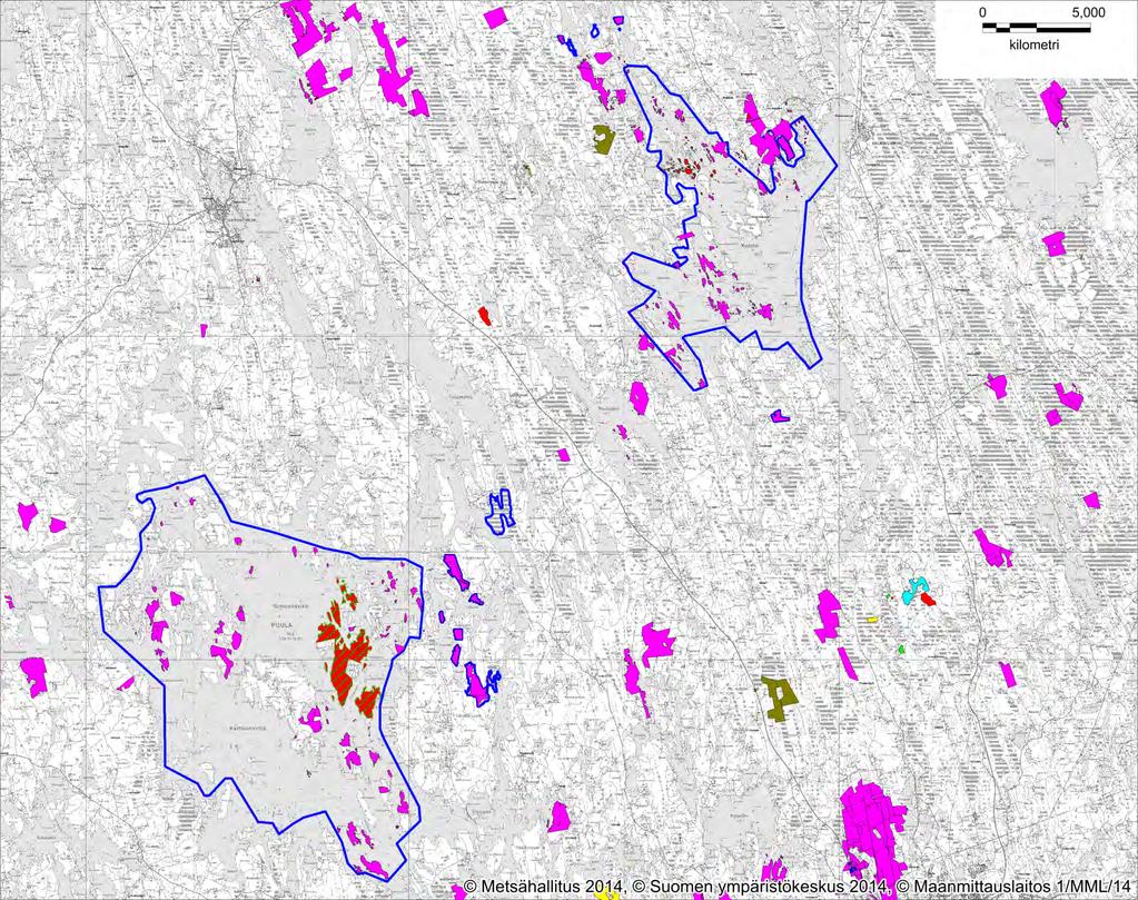 Kuva 8. Lupa- ja sopimusmetsästysalueet Puulan ja Kyyveden Naturaaluekokonaisuuden valtion mailla. Suunnittelualueele sijoittuu pienriistan lupametsästysalue nro 7695 Säkkisalo (520 ha).
