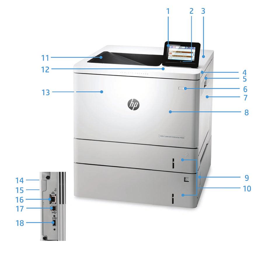 Tuotteen esittely Kuvan HP Color LaserJet Enterprise M553x -laitteessa on: 1. 10,9 cm:n värikosketusnäytön ohjauspaneeli kallistuu ylöspäin helpompaa katselua varten 2.