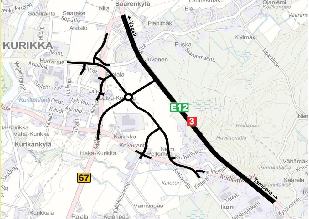 Liite 1. 10(14) Tiesuunnitelma Etelä-Pohjanmaa ELY-keskus on laatinut tiesuunnitelman valtatien 3 ja kantatien 67 järjestelyt Kurikankylä - Saarenkylä, Kurikka.