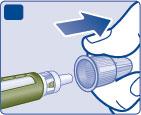 E Vedä sisempi neulansuojus pois ja hävitä se. Jos yrität laittaa sen takaisin, saatat vahingossa pistää itseäsi neulalla. Neulan päähän voi ilmestyä pisara insuliinia.