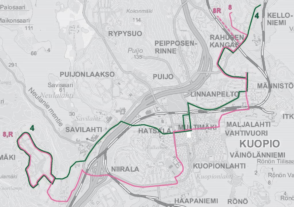 KUOPION LINJASTOSUUNNITELMA ALUEITTAIN Neulamäki, Kelloniemi Linjakartta ja suunnitellut vuorovälit linja reitti ruuhka, noin klo 7 9 ja 14-17 4 Neulamäki keskusta