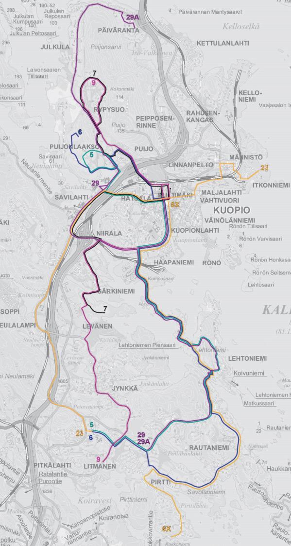 KUOPION LINJASTOSUUNNITELMA ALUEITTAIN Puijonlaakso, Saaristokaupunki, Rauhalahti Linjakartta ja suunnitellut vuorovälit linja reitti ruuhka, noin klo 7 9 ja 14-17 päivä, M-P ilta, M-P la, päivä su
