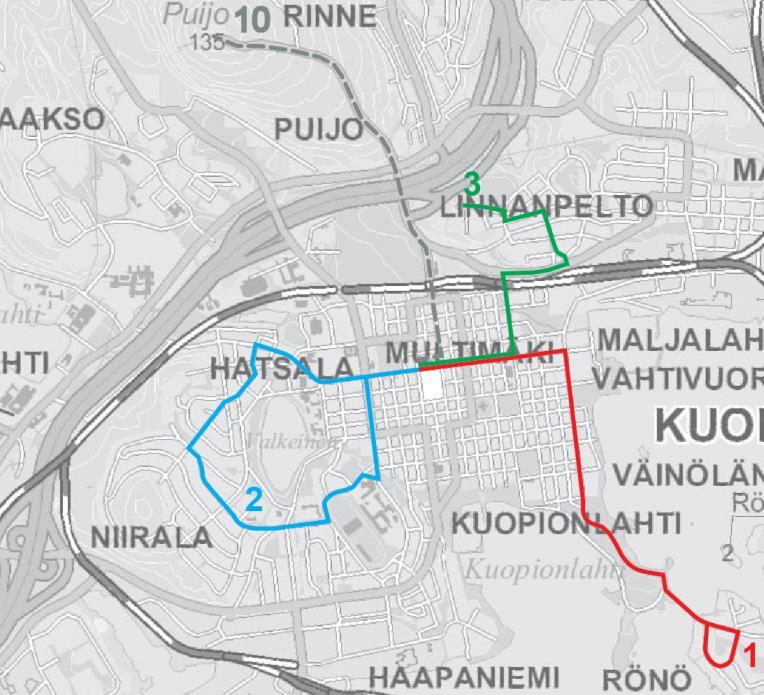KUOPION LINJASTOSUUNNITELMA ALUEITTAIN Kuopion keskustan pienkalustolinjat Linjakartta ja suunnitellut vuorovälit sekä muutosten kuvaukset ja perustelut linja reitti muutos muutoksen perustelut 1