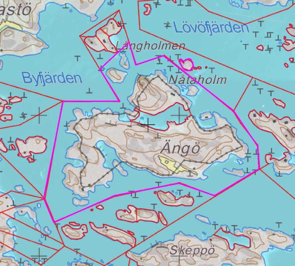 2 Ranta-asemakaava-alue on rajattu liilalla. Alueella ei ennestään ole ranta-asemakaavaa. Kaava-alueella on voimassa Inkoon sisäisen saariston yleiskaava, joka on vahvistettu v.