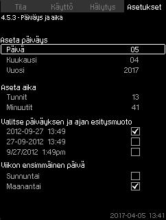 8.7.65 Päiväys ja aika (4.5.3) 8.7.66 Salasana (4.5.4) Suomi (FI) Kuva 121 Päiväys ja aika Voit asettaa päivämäärän ja kellonajan sekä niiden näyttötavan.