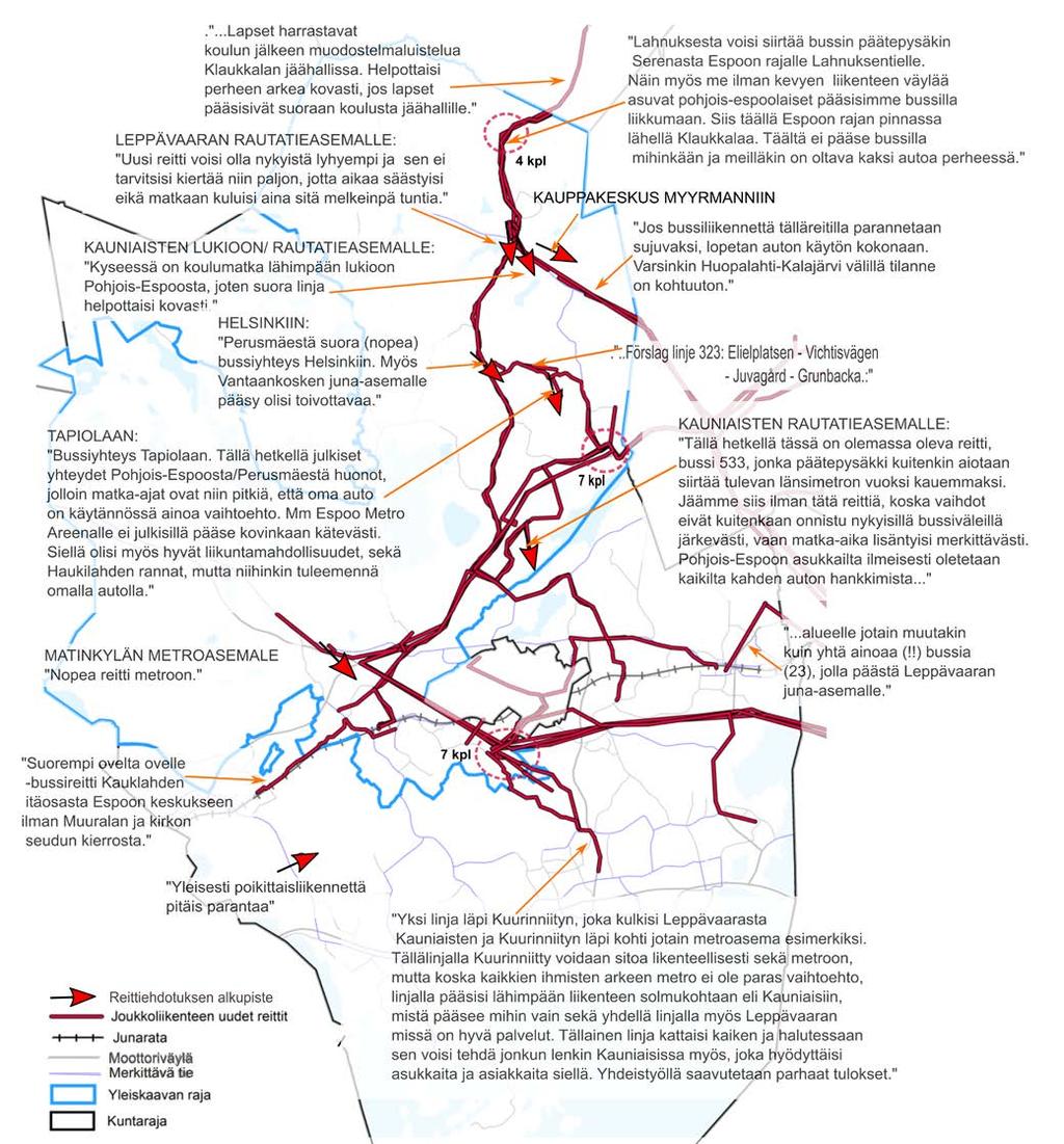 4.3.2 UUSI REITTI JOUKKOLIIKENTELLÄ Uusia reittejä joukkoliikenteelle ehdotettiin yhteensä 45 yhteyttä. Osa on toivonut kokonaan uusia yhteyksiä ja osa taas parannuksia jo olemassa oleviin.
