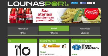 Lounaspori.fi Lounaspori.fi on palvelu, joka tarjoaa käyttäjille kattavimmat tiedot Porin seudun ravintoloiden tarjoamista lounaista.