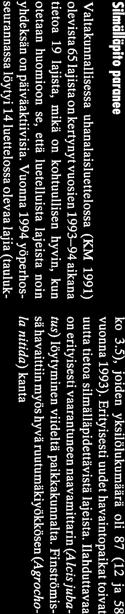 Silmällöpito paranee Valtakunnallisessa uhanalaisluettelossa (KM 1991) olevista 65 lajista on kertynyt vuosien 1993 94 aikana tietoa 19 lajista, mikä on kohtuullisen hyvin, kun otetaan huomioon se,