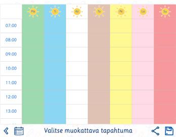 Viikkokalenteri Kuvallisen viikkokalenterin päivillä on kullakin omat värinsä, jotta päivien tunnistaminen olisi helpompaa.