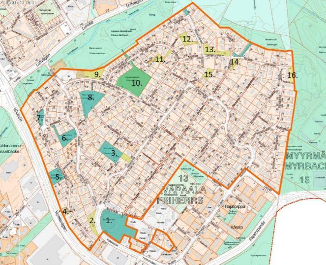 förhållandet mellan våningsyta och tomtens yta. II Suurin kerrosluku (room. luku). Största antal våningar (romersk siffra). pp Kävely- ja pyöräilykatu. Gång- och cykelgata. Kaavamuuutosalue.