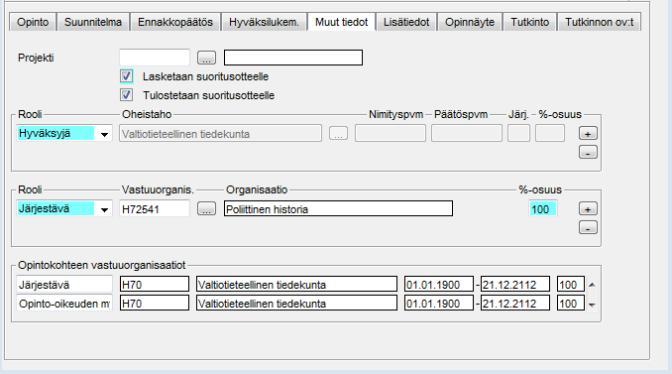 Tutkinto -opinnon Muut tiedot -välilehdelle laitetaan järjestäväksi ko. kandiohjelma (organisaatiokoodi: 500-K005 ao.