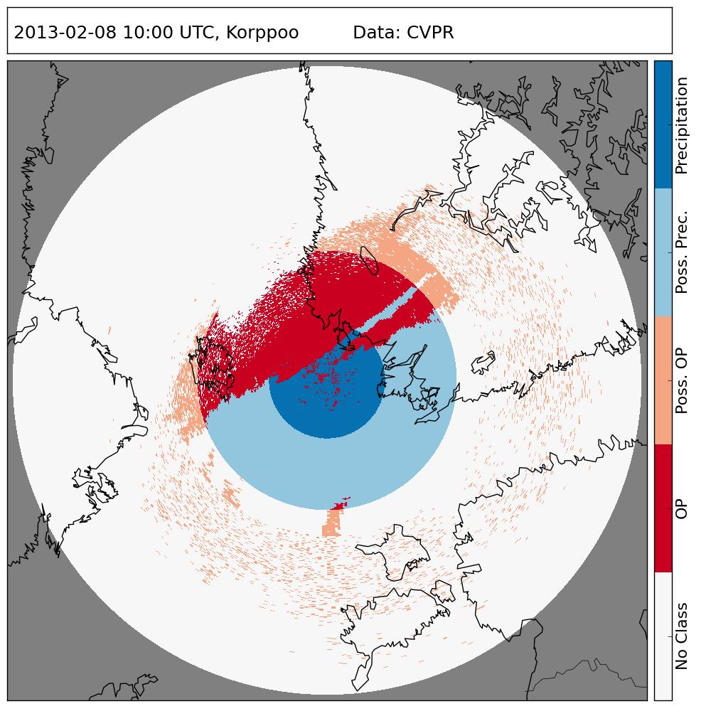 Kuva 5: CVPR-algoritmin tekemät analyysit Korppoon (vasen kuva) ja Vantaan (oikea kuva) tutkien havainnoille 8.2.2013 klo 10:00 UTC.