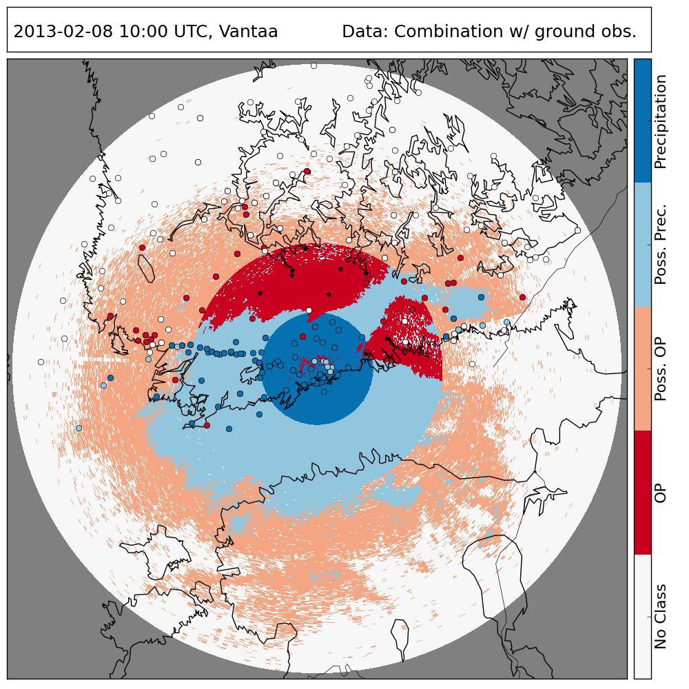 (a) CVPR-algoritmi (b) Sademittarialgoritmi (c) Ehtofunktio (d) Yhdistelmä Kuva 10: Kaikkien kolmen algoritmin tulokset (A-C) ja näiden yhdistelmä (D) Vantaan tutkalta 8.2.2013 klo 10:00 UTC.