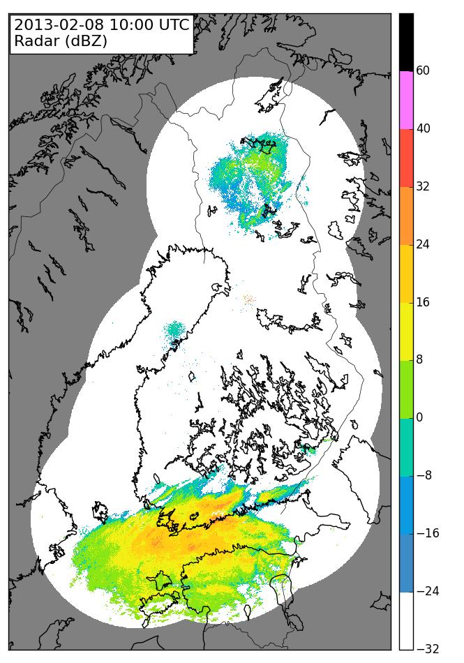 Kuva 11: Usean tutkan yhdistelmä alimman korkeuskulman tutkakaiusta (vasen) ja roikkuvan sateen algoritmien yhdistelmästä (oikea) 8.2.2013 klo 10:00 UTC.